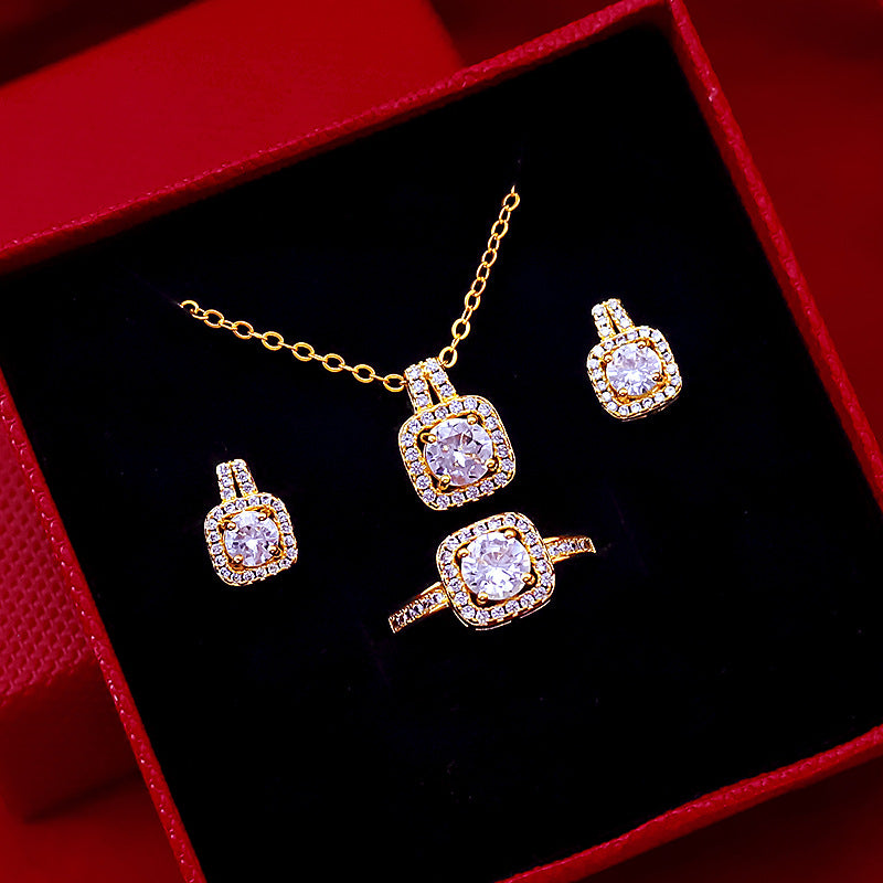 Cross-border Three-piece Set Fashion Micro-inlaid Zircon Set Women's Sand Gold Earrings Ring Necklace
