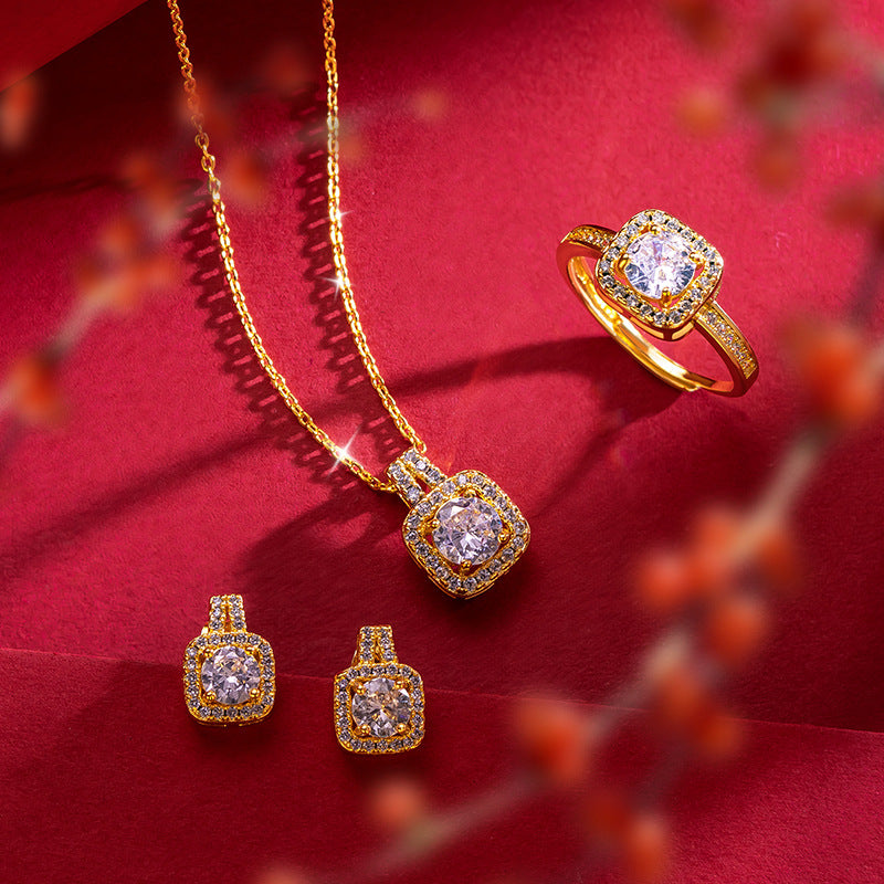 Cross-border Three-piece Set Fashion Micro-inlaid Zircon Set Women's Sand Gold Earrings Ring Necklace