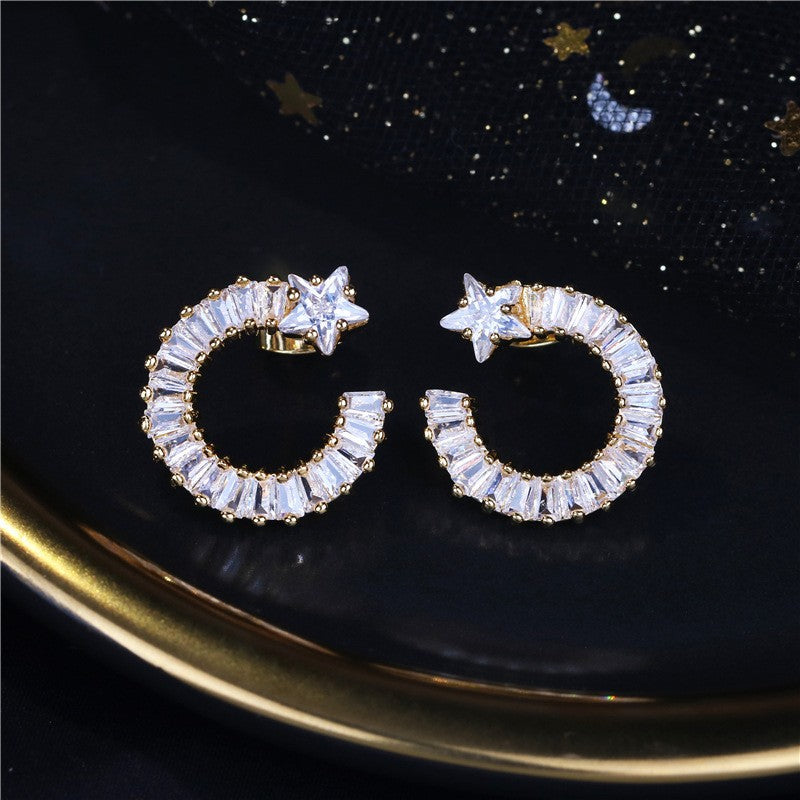 Luxurious and unique star-moon pentagram zircon earrings C-shaped
