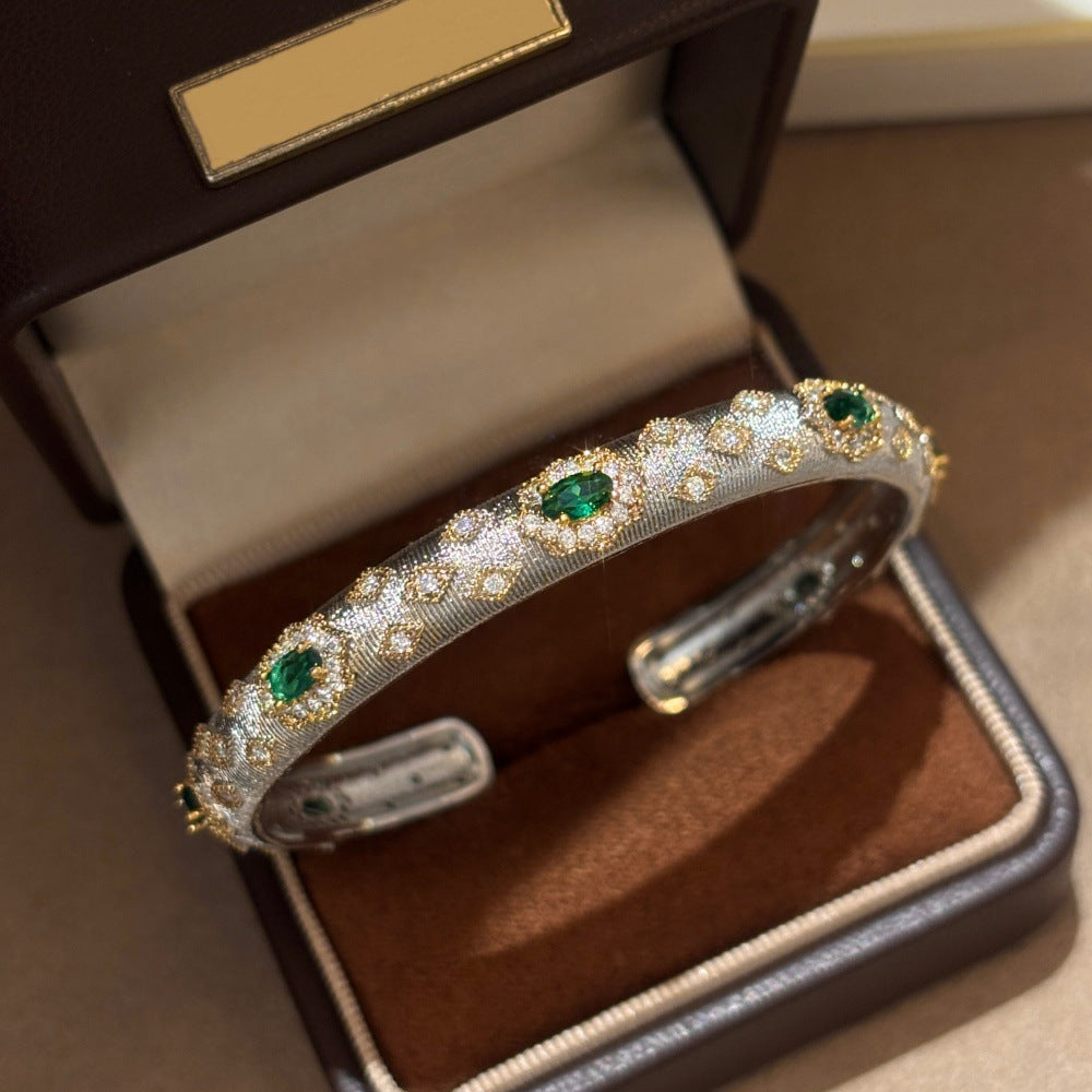 Italian Woven Texture Gold-Plated Imitation Emerald Zircon Bracelet
