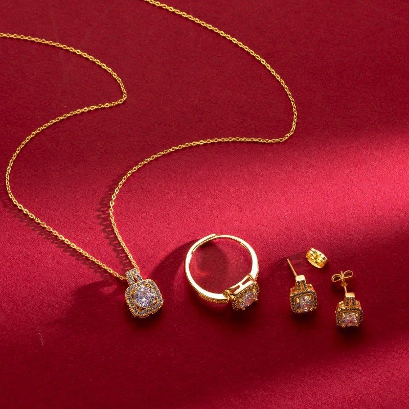 Cross-border Three-piece Set Fashion Micro-inlaid Zircon Set Women's Sand Gold Earrings Ring Necklace