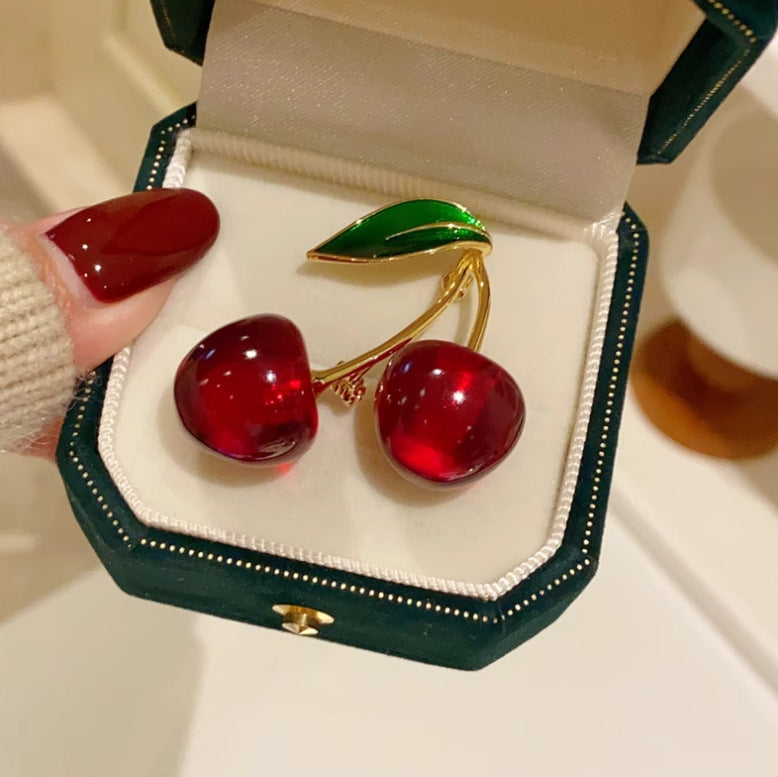 Golden Branches and Jade Leaves Red Cherry Brooch