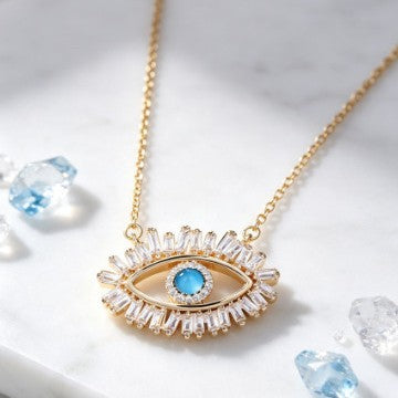 European and American vintage blue turquoise eye pendant light luxury full-diamond lucky eye niche design women's necklace