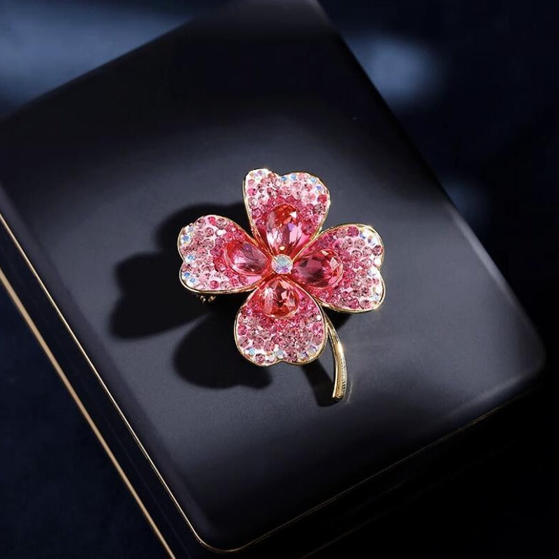 Colorful Gradient Gold-Plated Frame Crystal Four-Leaf Clover Brooch
