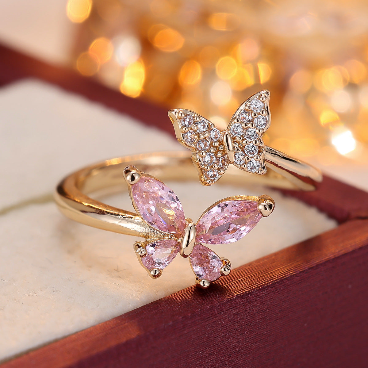 European and American Niche Zircon Double Butterfly Open Ring