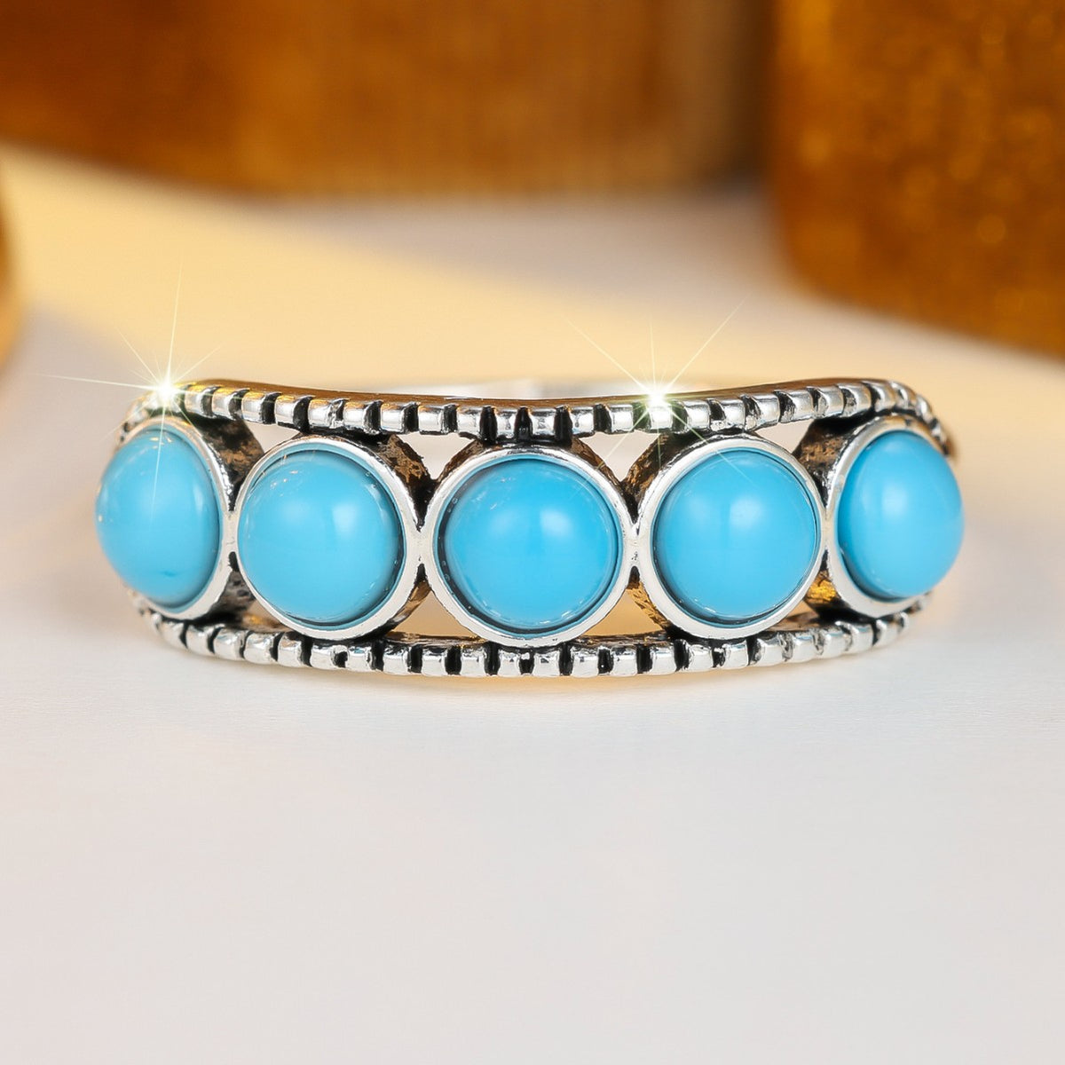 Vintage distressed five blue turquoise ring