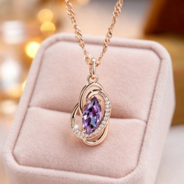 European and American vintage twisted oval purple diamond pendant gold-wrapped colorful gemstone sparkling diamond niche style necklace