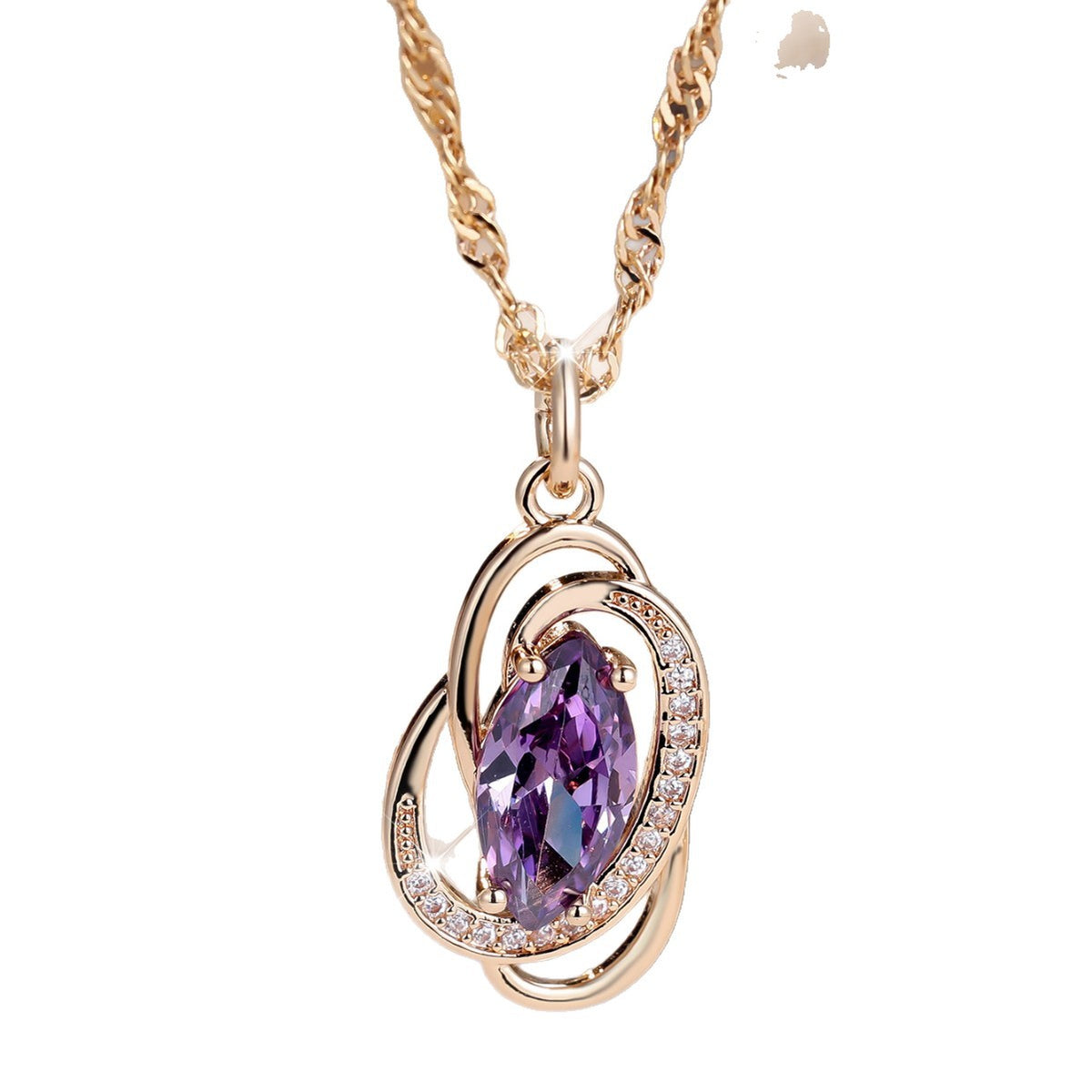 European and American vintage twisted oval purple diamond pendant gold-wrapped colorful gemstone sparkling diamond niche style necklace