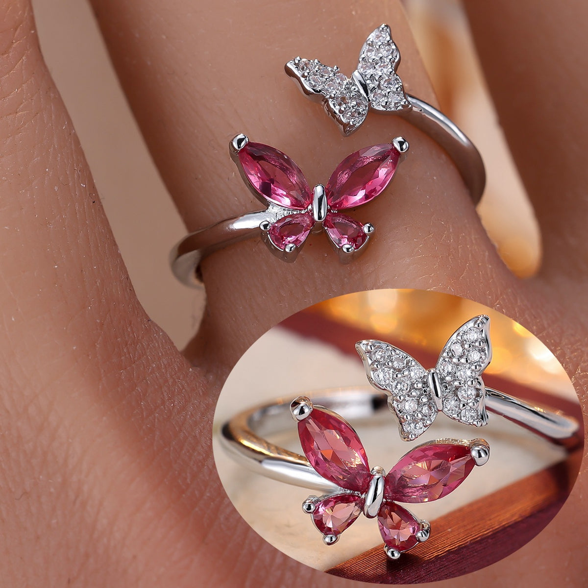 European and American Niche Zircon Double Butterfly Open Ring