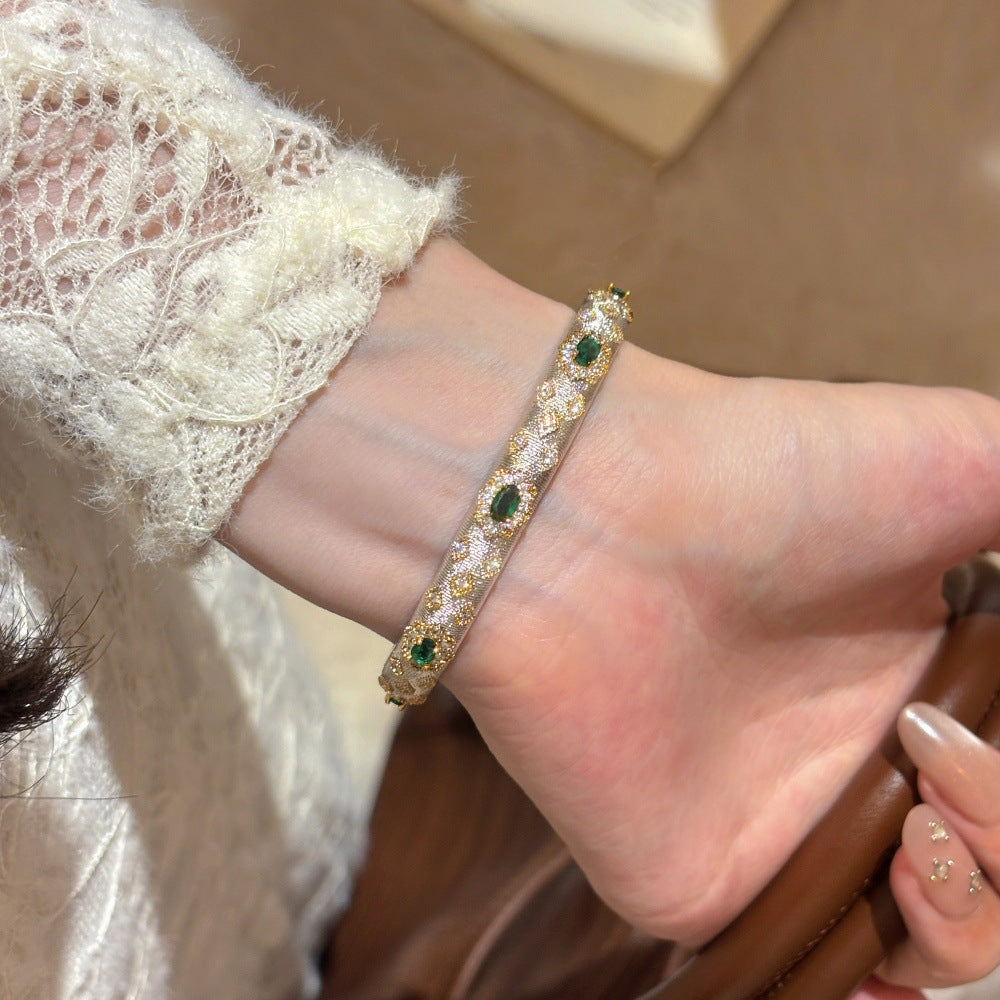 Italian Woven Texture Gold-Plated Imitation Emerald Zircon Bracelet