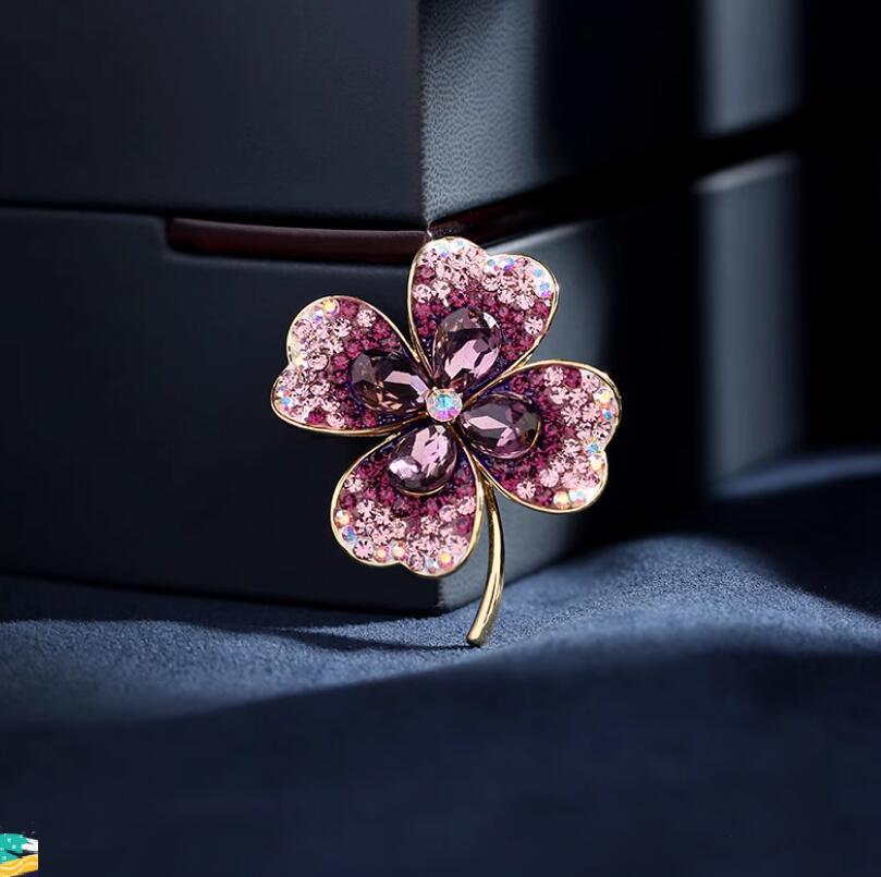 Colorful Gradient Gold-Plated Frame Crystal Four-Leaf Clover Brooch