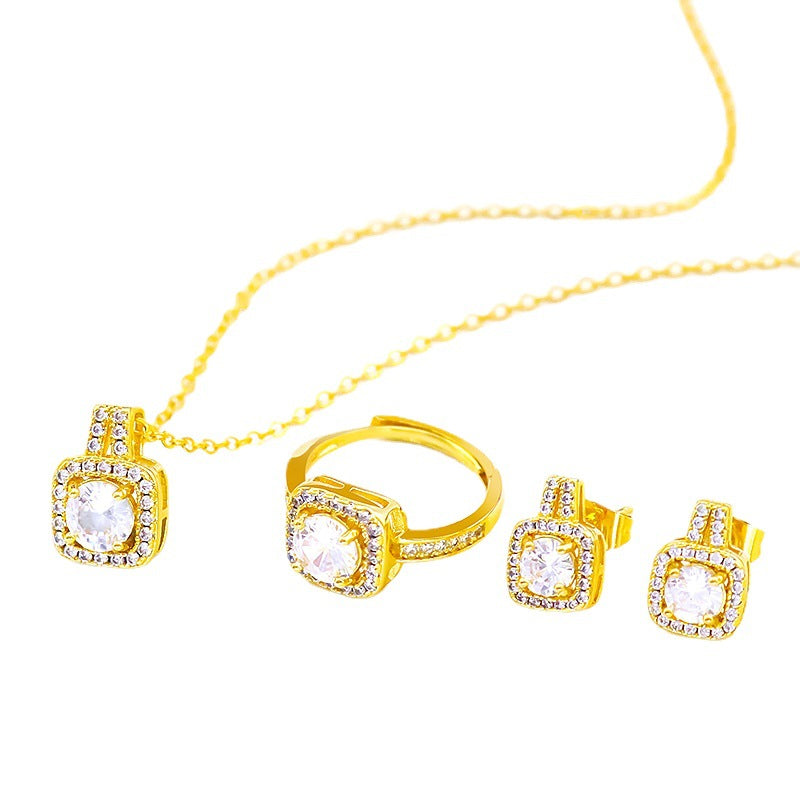 Cross-border Three-piece Set Fashion Micro-inlaid Zircon Set Women's Sand Gold Earrings Ring Necklace