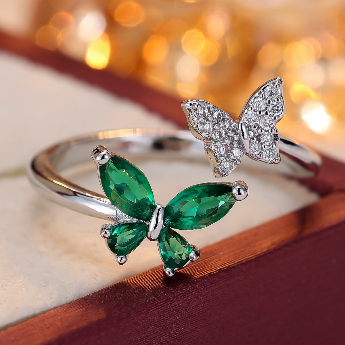 European and American Niche Zircon Double Butterfly Open Ring