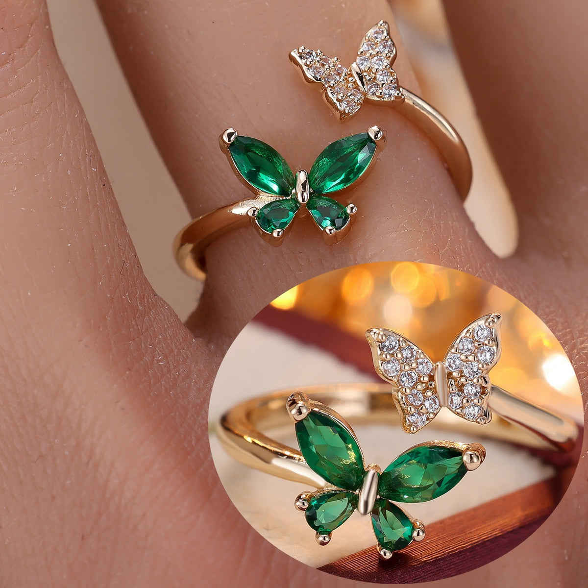 European and American Niche Zircon Double Butterfly Open Ring