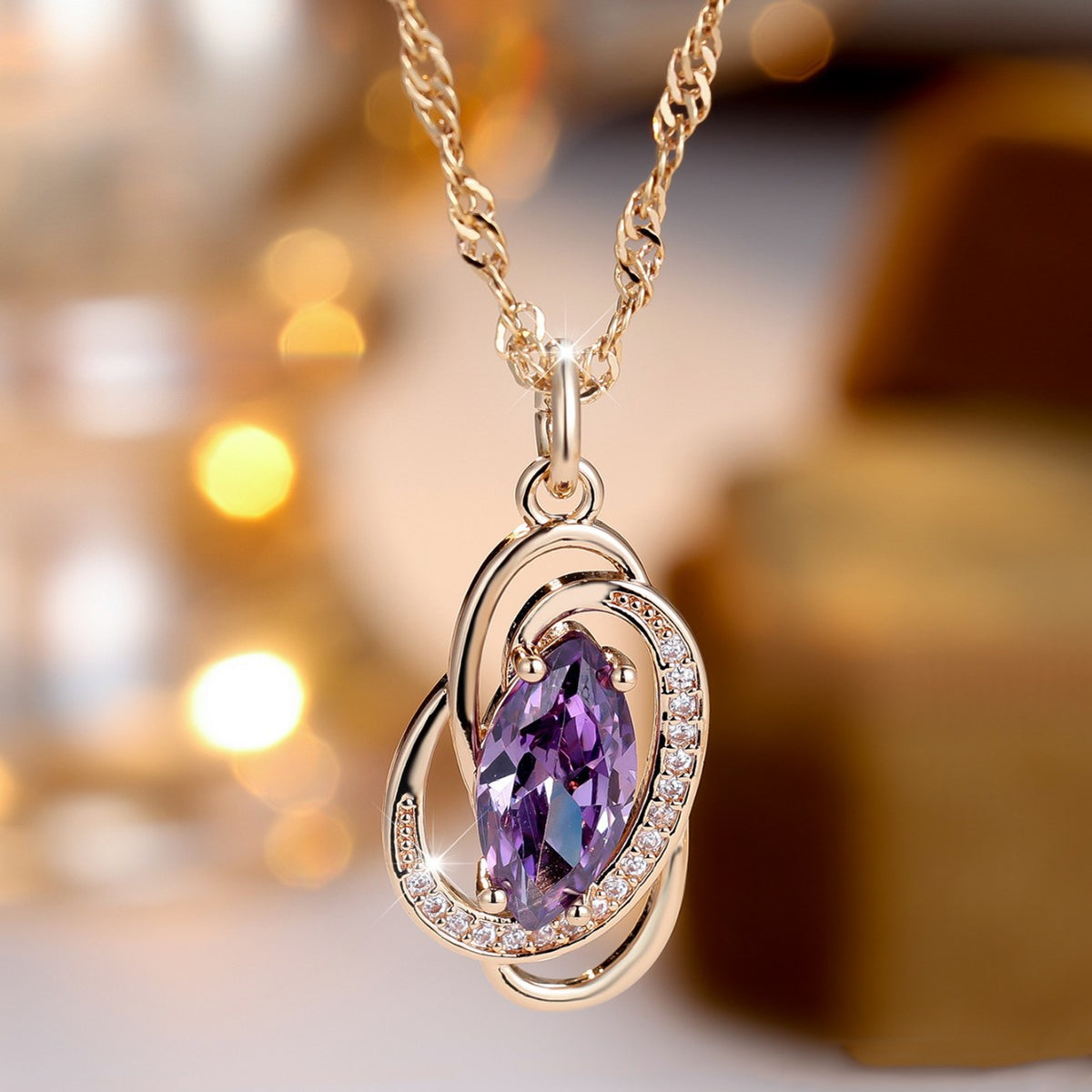 European and American vintage twisted oval purple diamond pendant gold-wrapped colorful gemstone sparkling diamond niche style necklace
