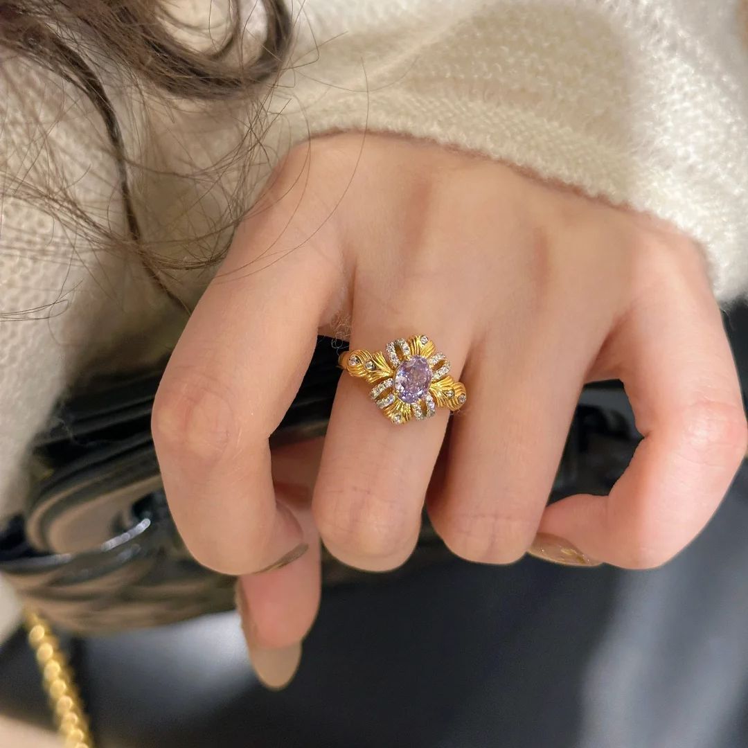 Vintage Bauhinia Ribbon Ring Noble Purple Zircon Necklace