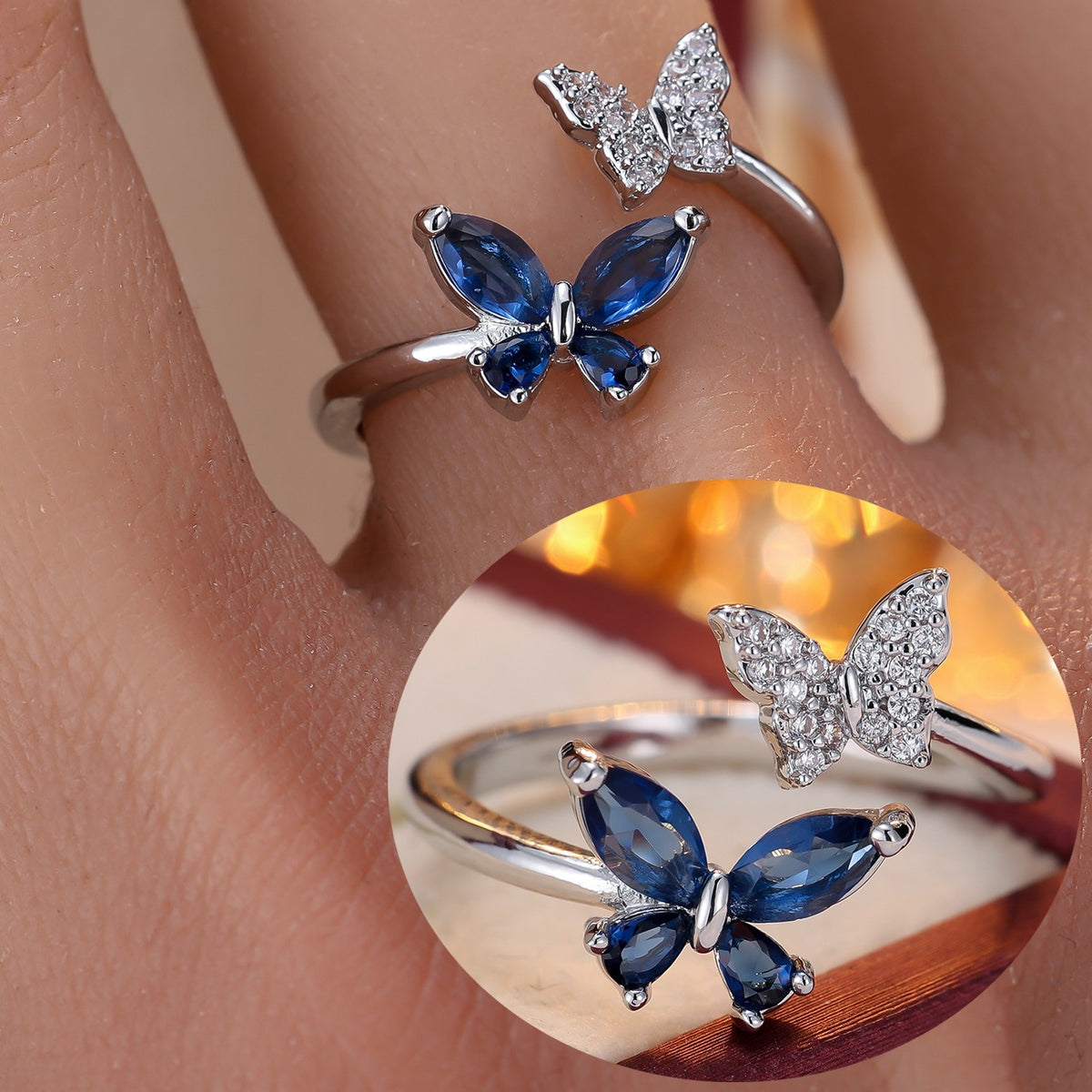 European and American Niche Zircon Double Butterfly Open Ring