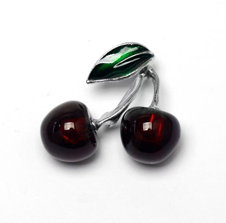 Golden Branches and Jade Leaves Red Cherry Brooch