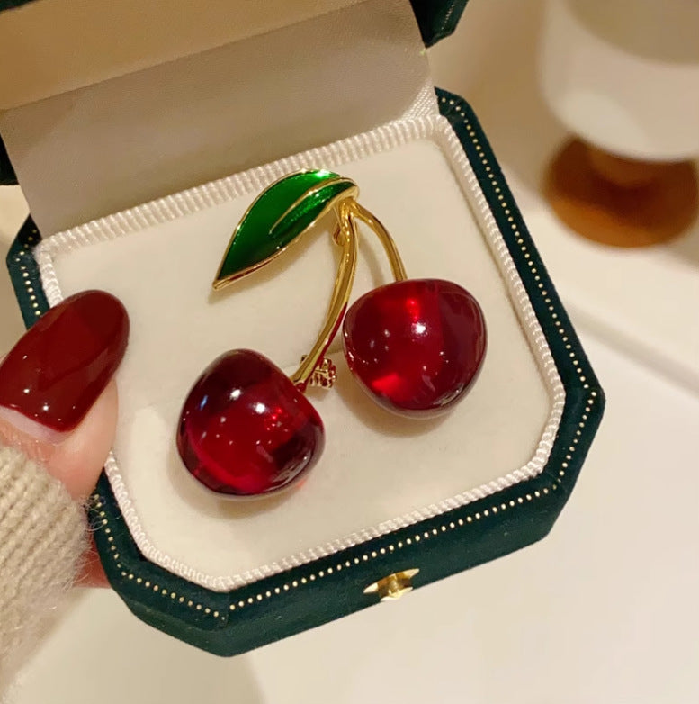Golden Branches and Jade Leaves Red Cherry Brooch
