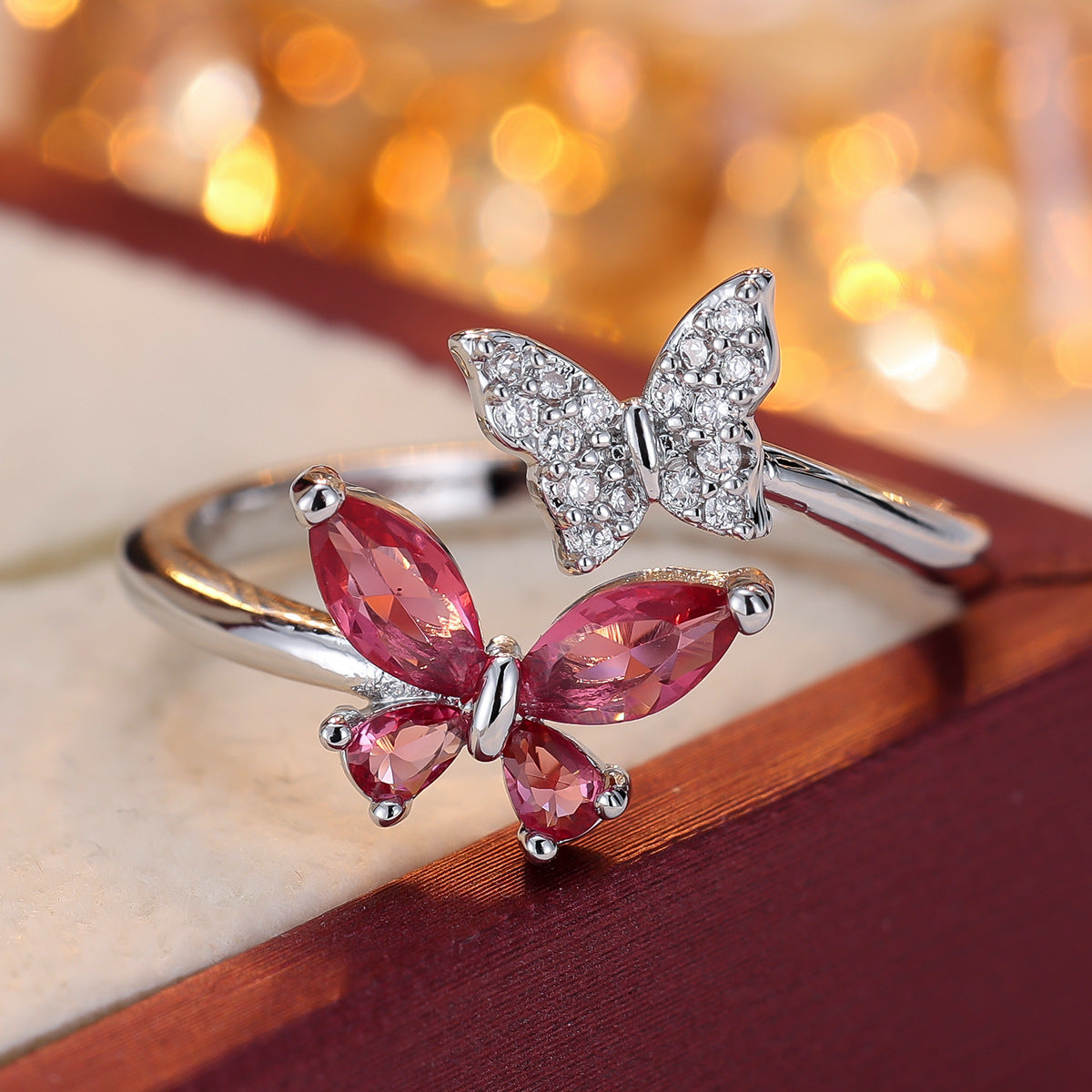 European and American Niche Zircon Double Butterfly Open Ring