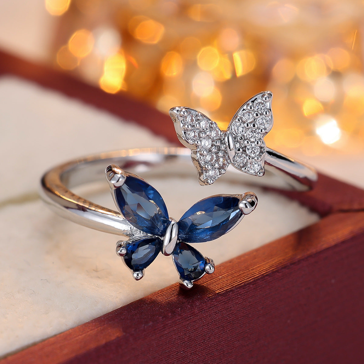 European and American Niche Zircon Double Butterfly Open Ring