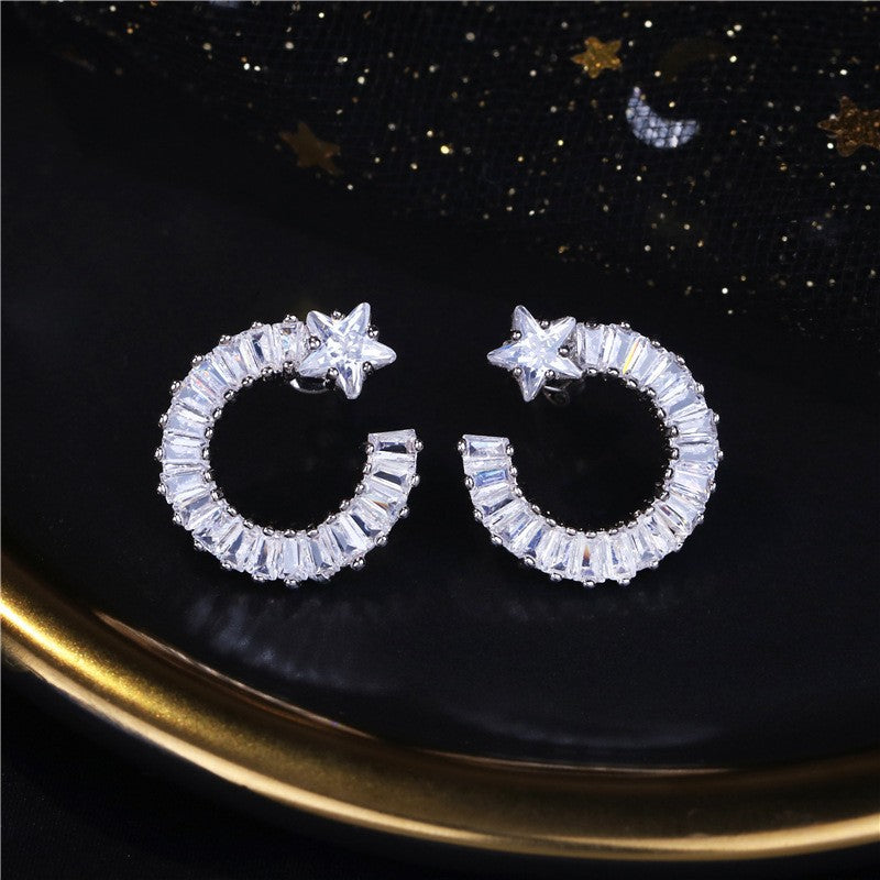 Luxurious and unique star-moon pentagram zircon earrings C-shaped
