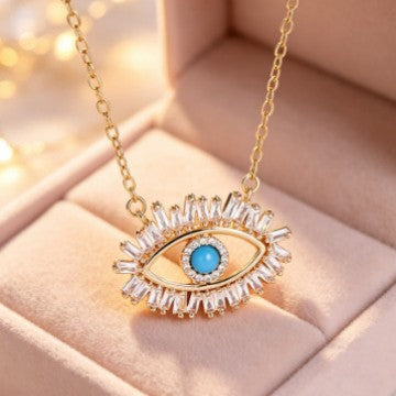 European and American vintage blue turquoise eye pendant light luxury full-diamond lucky eye niche design women's necklace