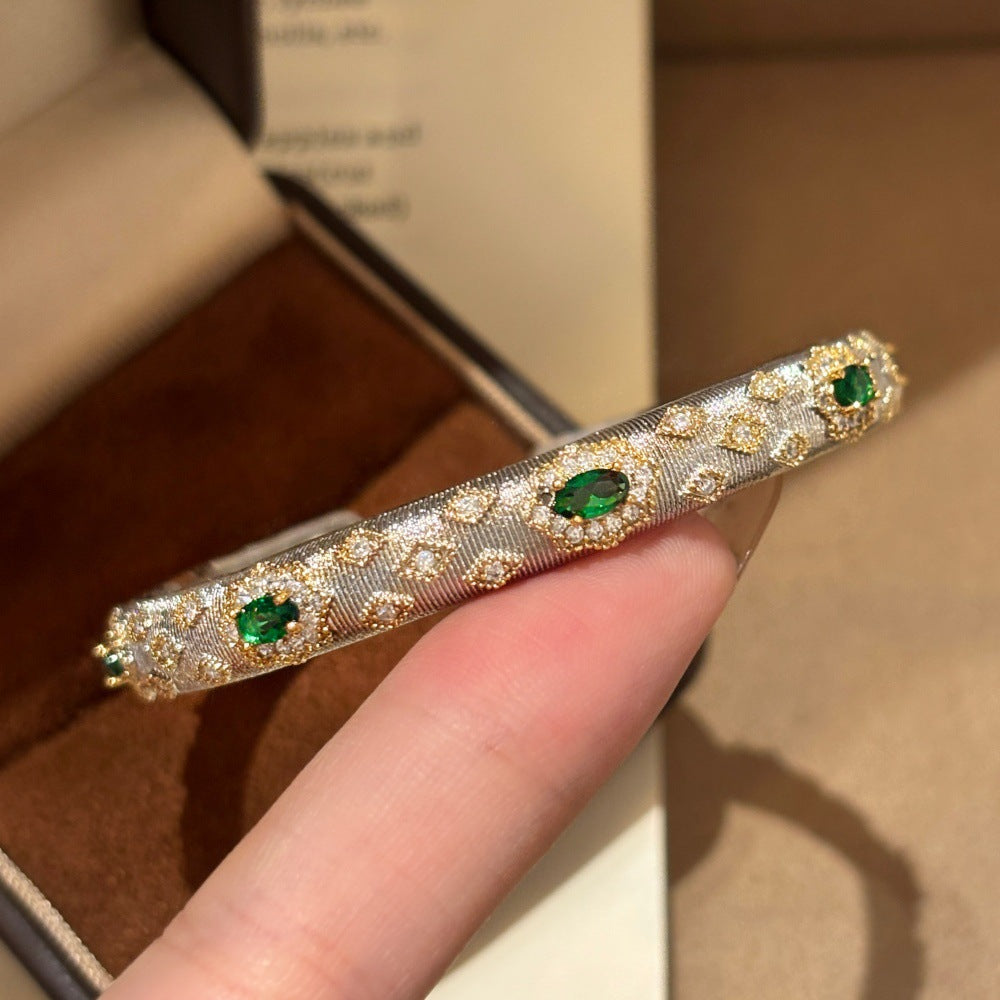 Italian Woven Texture Gold-Plated Imitation Emerald Zircon Bracelet