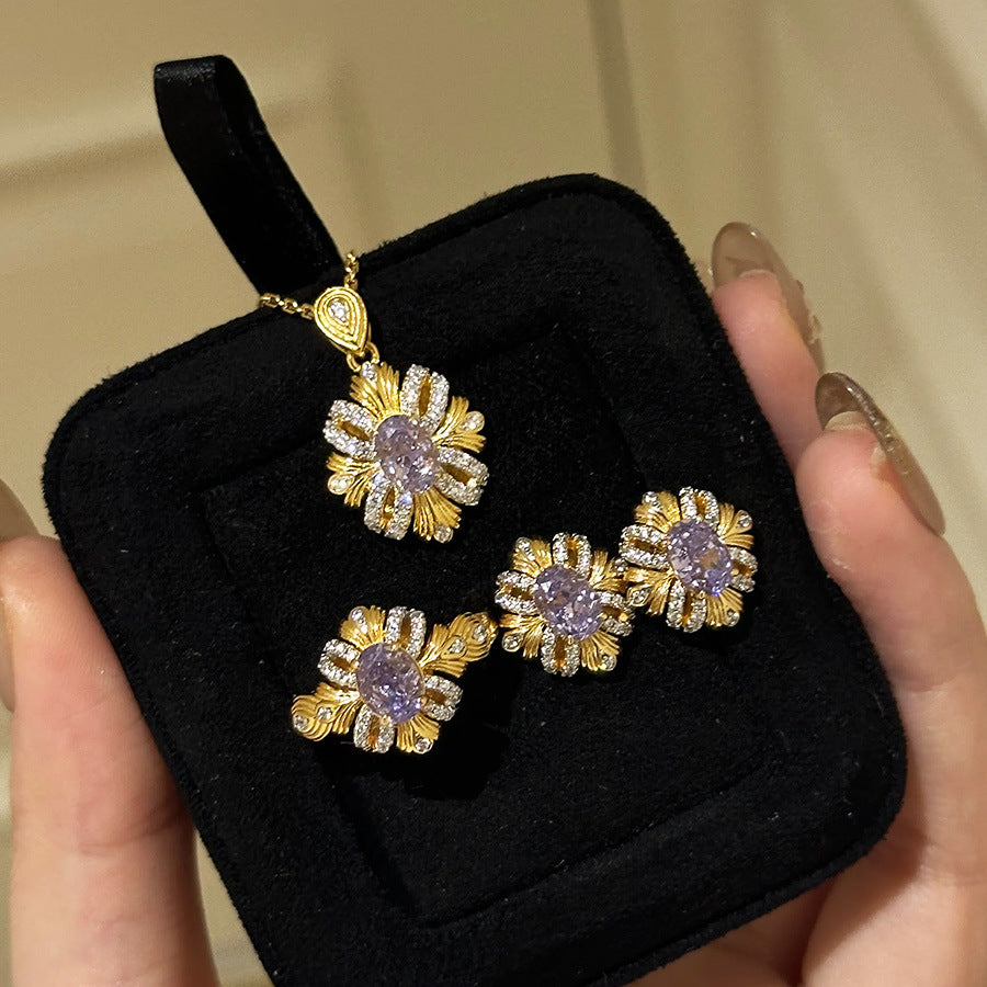 Vintage Bauhinia Ribbon Ring Noble Purple Zircon Necklace