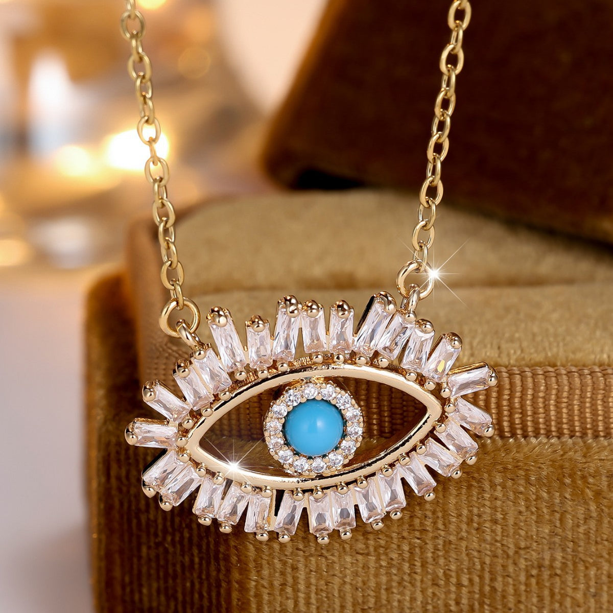 European and American vintage blue turquoise eye pendant light luxury full-diamond lucky eye niche design women's necklace