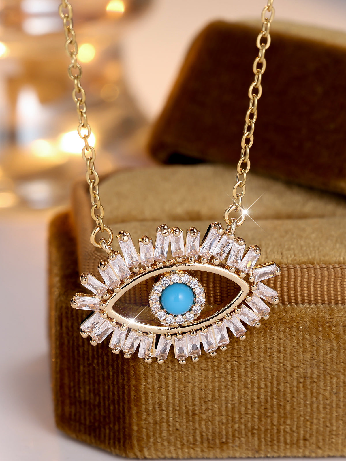 European and American vintage blue turquoise eye pendant light luxury full-diamond lucky eye niche design women's necklace