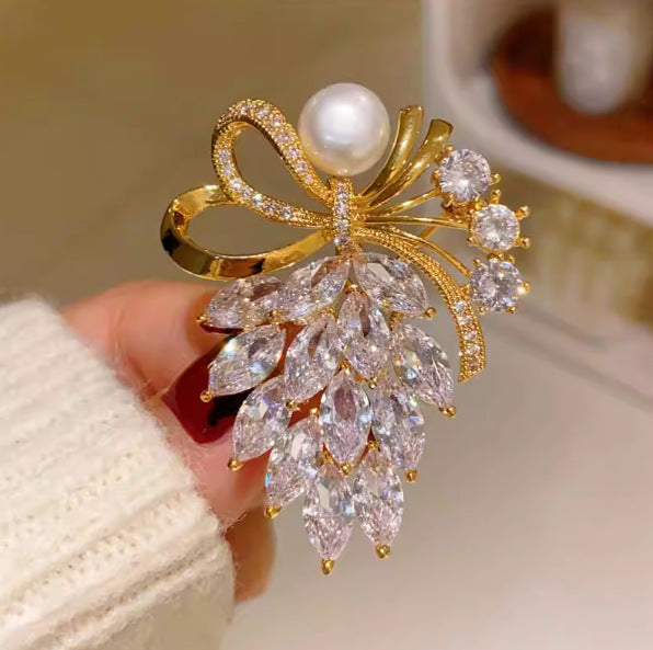 Rhinestone Bow Brooch Korean Style Rhinestone Pearl Light