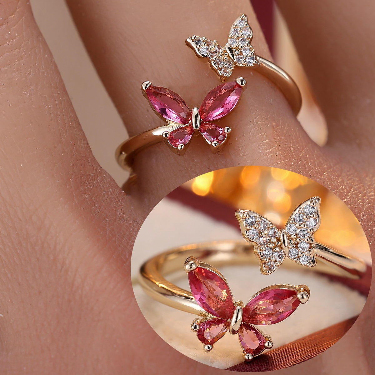 European and American Niche Zircon Double Butterfly Open Ring