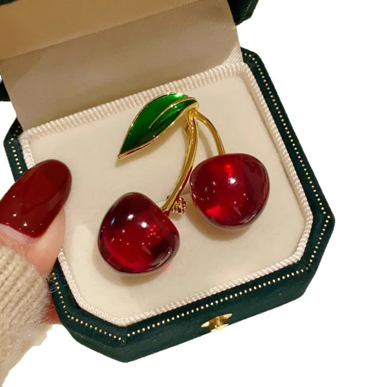 Golden Branches and Jade Leaves Red Cherry Brooch
