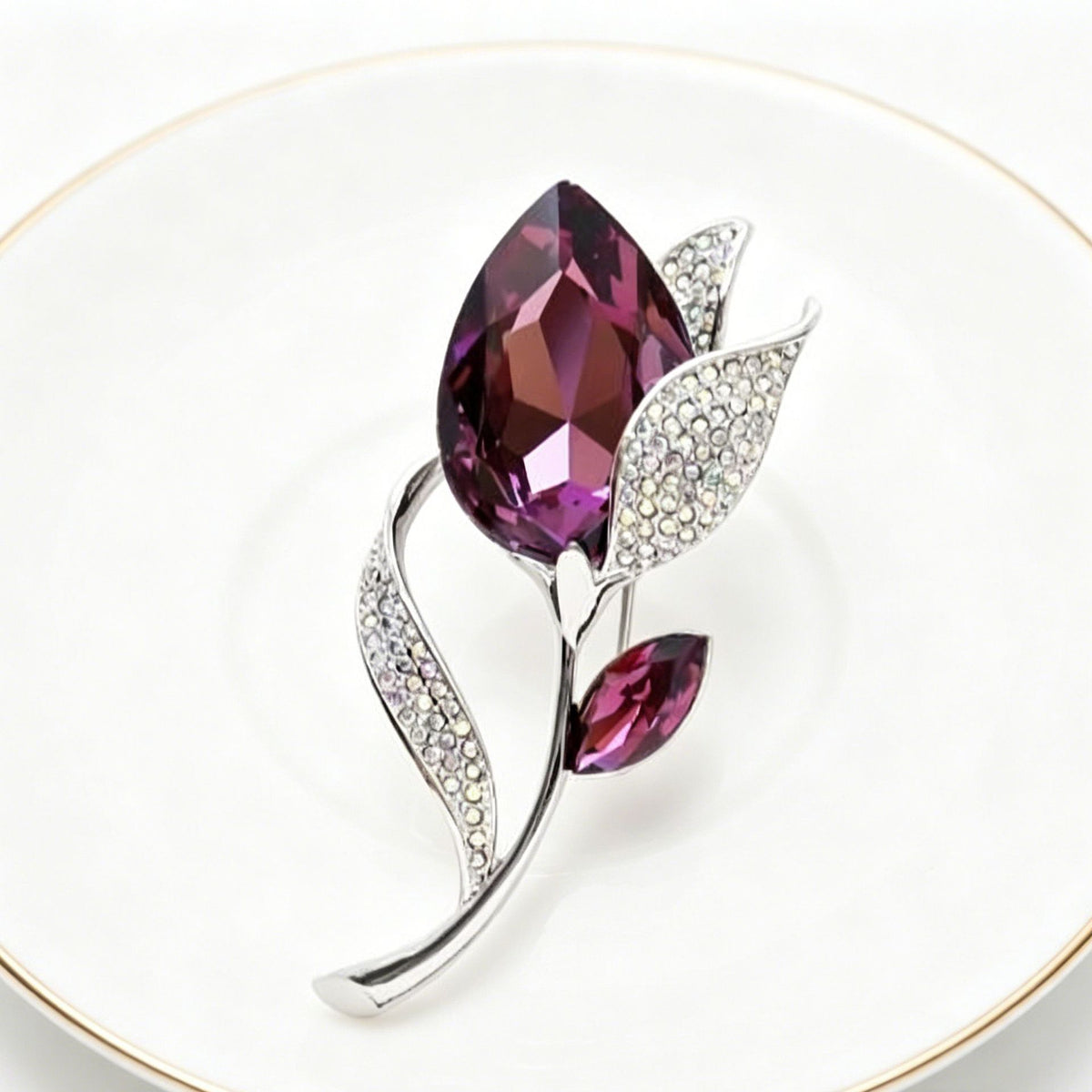Diamond-Encrusted Gold-Plated Amethyst Tulip Brooch Classical Romantic Light