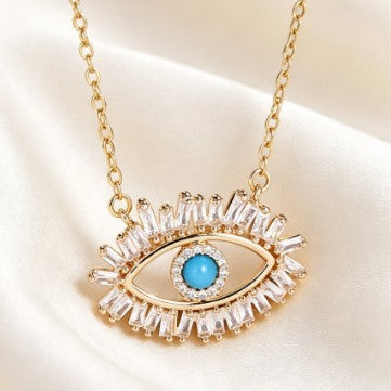 European and American vintage blue turquoise eye pendant light luxury full-diamond lucky eye niche design women's necklace