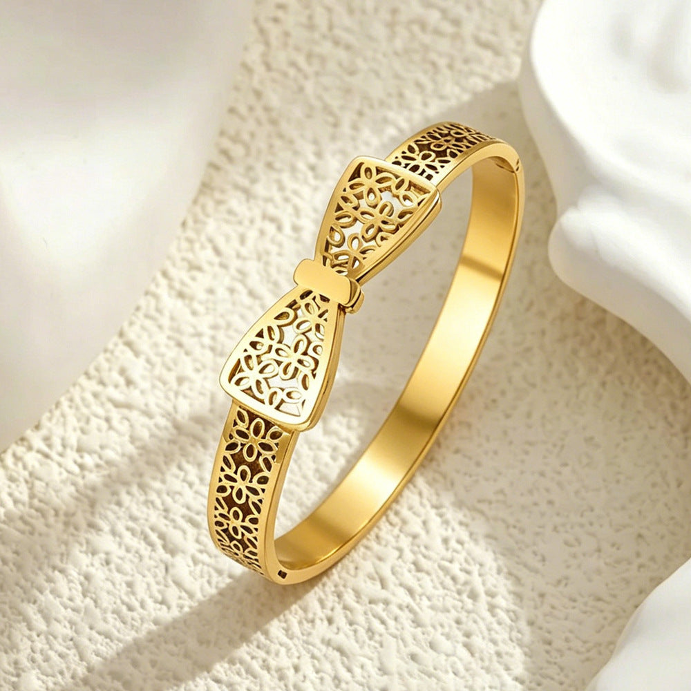 Gold Titanium Steel Butterfly Bow Bangle