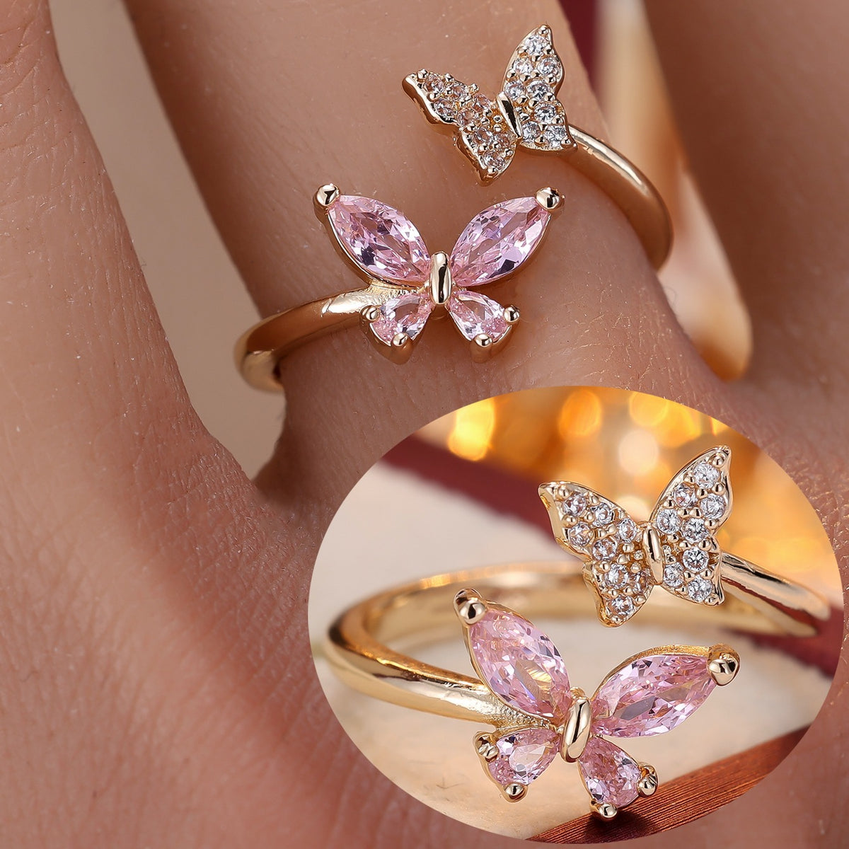 European and American Niche Zircon Double Butterfly Open Ring