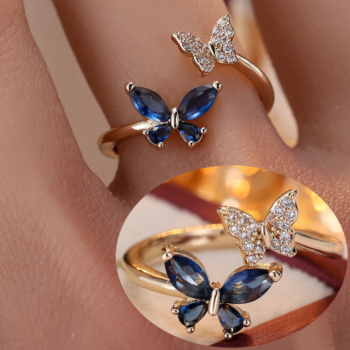 European and American Niche Zircon Double Butterfly Open Ring