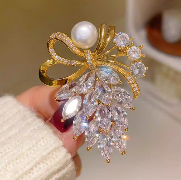 Rhinestone Bow Brooch Korean Style Rhinestone Pearl Light