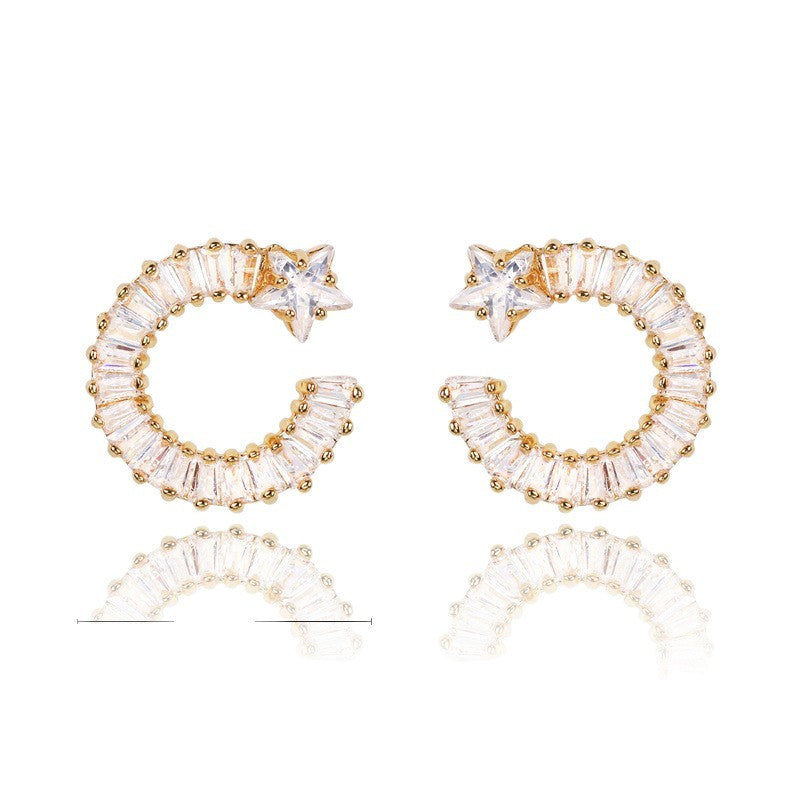 Luxurious and unique star-moon pentagram zircon earrings C-shaped