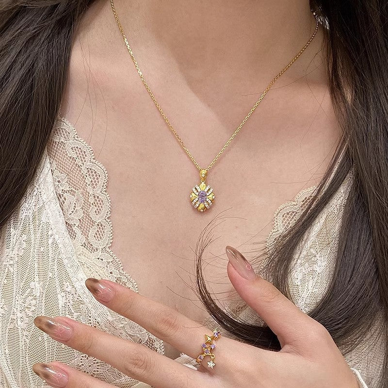 Vintage Bauhinia Ribbon Ring Noble Purple Zircon Necklace