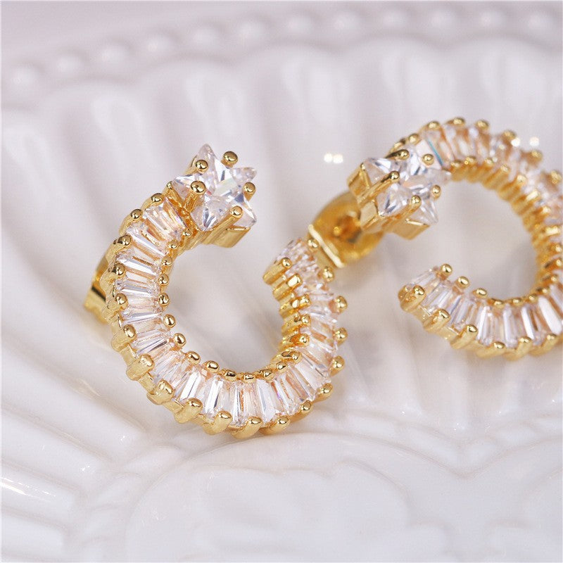 Luxurious and unique star-moon pentagram zircon earrings C-shaped