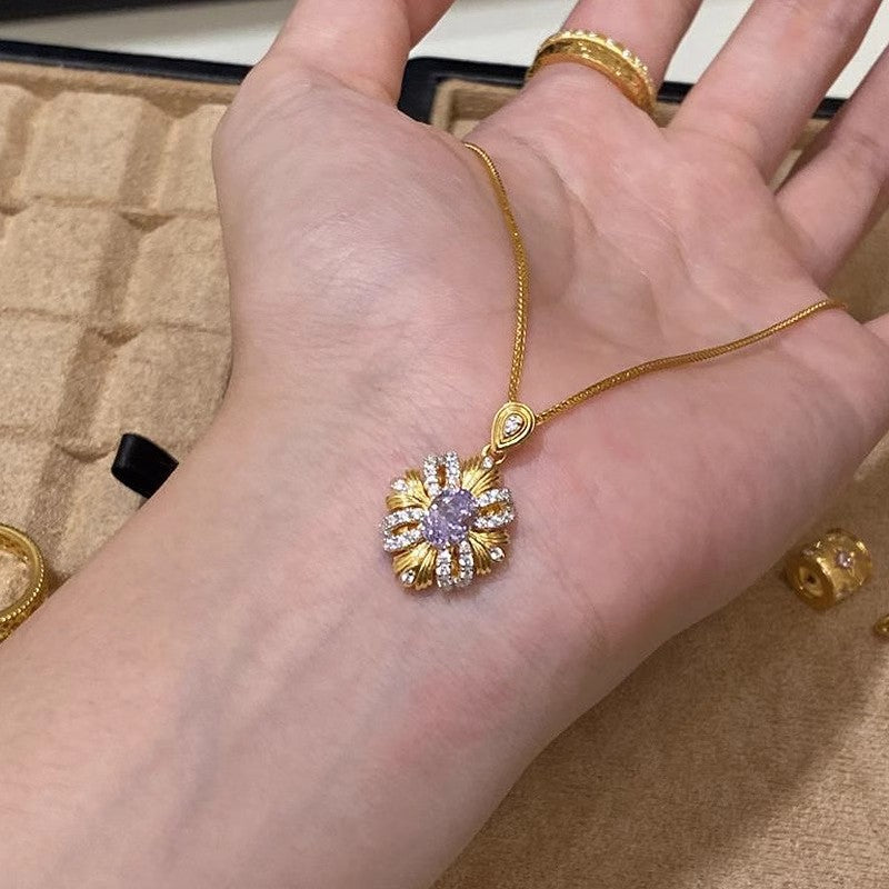 Vintage Bauhinia Ribbon Ring Noble Purple Zircon Necklace