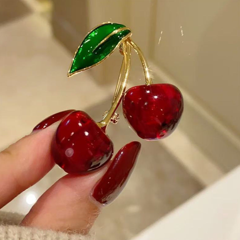 Golden Branches and Jade Leaves Red Cherry Brooch