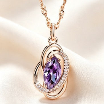 European and American vintage twisted oval purple diamond pendant gold-wrapped colorful gemstone sparkling diamond niche style necklace