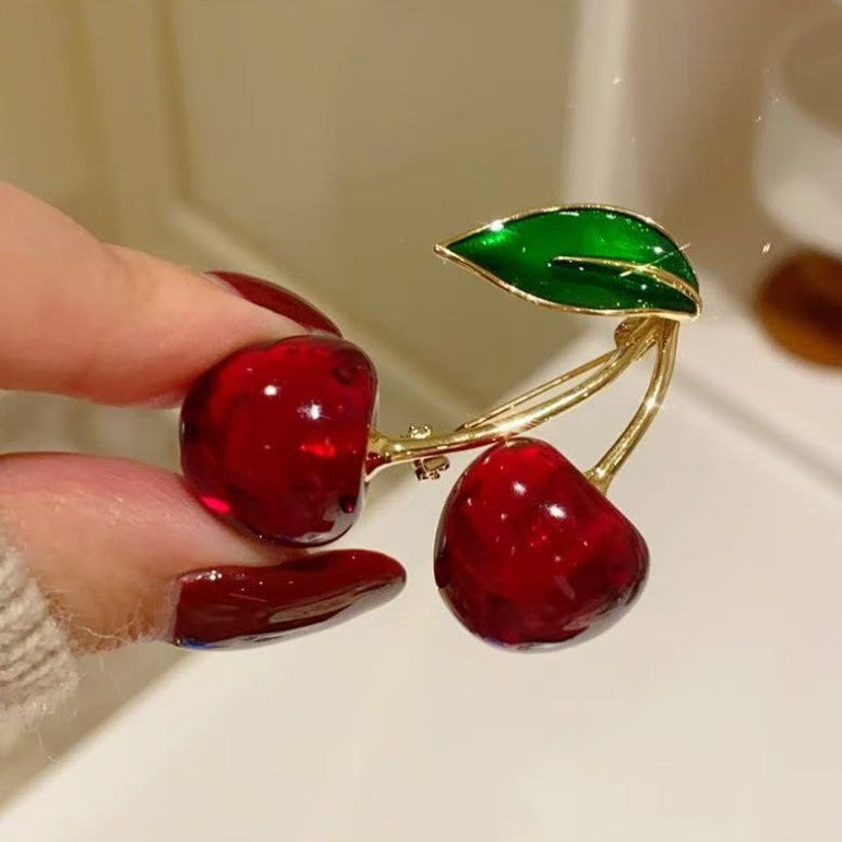 Golden Branches and Jade Leaves Red Cherry Brooch