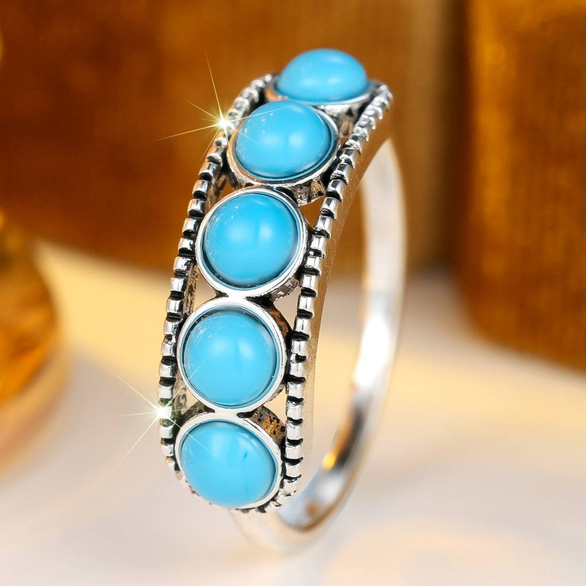 Vintage distressed five blue turquoise ring