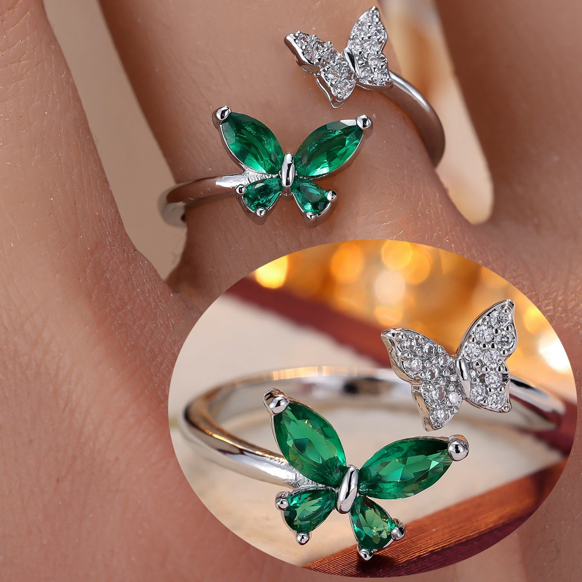 European and American Niche Zircon Double Butterfly Open Ring