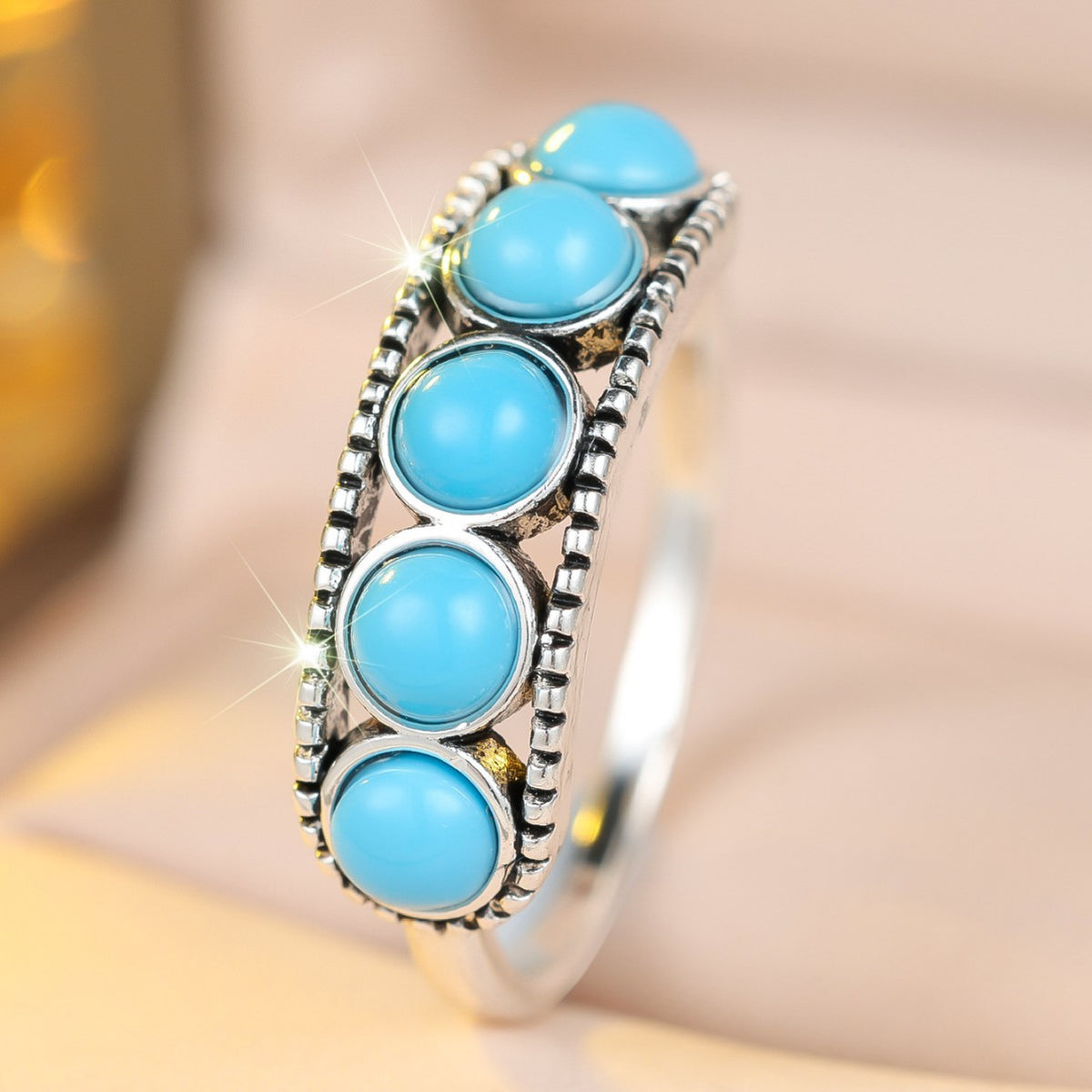 Vintage distressed five blue turquoise ring